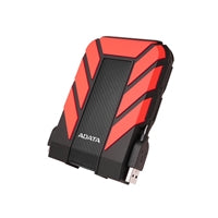 ADATA HD710 Pro 1TB rugged external hard drive in red, IP68 waterproof, with textured grip design and USB interface. ADATA HD710 Pro 1TB rugged external hard drive in red, IP68 waterproof, with textured grip design and USB interface.
